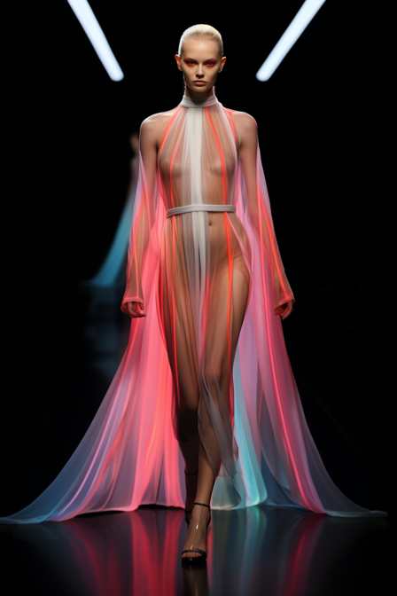 A futuristic runway showcases sleek, translucent garments adorned with spectral illuminations, gleaming amidst a dynamic mesh of vibrant hues.
