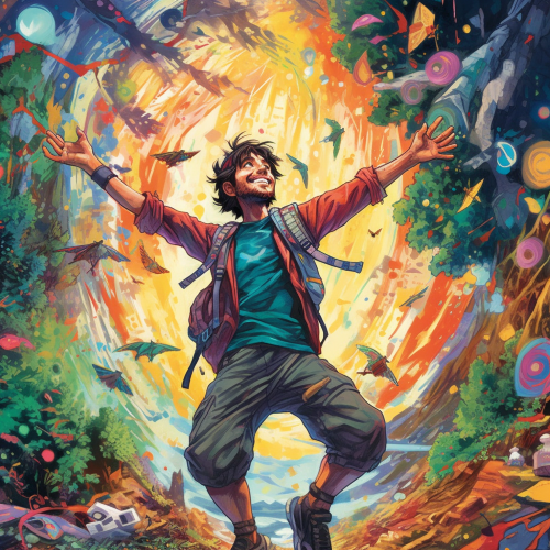 A photograph of a jubilant protagonist awash in a frenzy of vibrant hues and intricate illustrations, overflowing with his contagious enthusiasm for life. The character should be depicted in a symmetrical style featuring different aspects of his life, from camping in a forest, dancing in the rain, exploring ancient ruins, snowboarding, and more. Each scene should showcase his personality and interests while inviting the viewer to join him in his excitement. Dynamic poses, flowing lines, and a dream - like atmosphere will infuse life into this character.