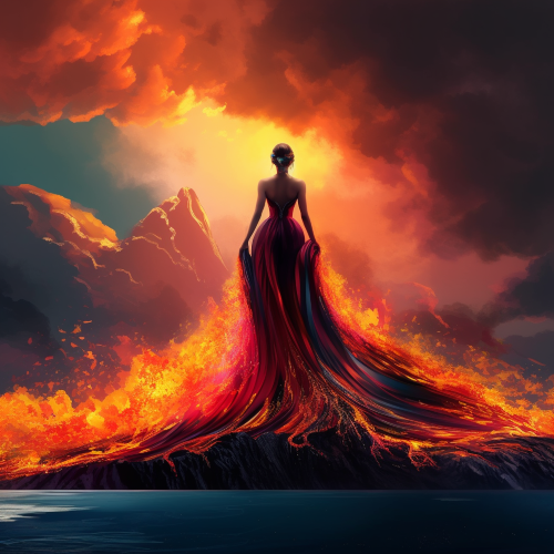 Craft a surrealist digital portrait of a woman with a long trailing dress made of fire, with a landscape of an erupting volcano in the background. The colors and lighting should convey a sense of sensuality and heat.