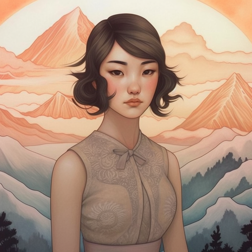 Create a stunning, photorealistic landscape painting of a dramatic mountain range at sunrise, using the hyper-realistic techniques of artist Audrey Kawasaki.