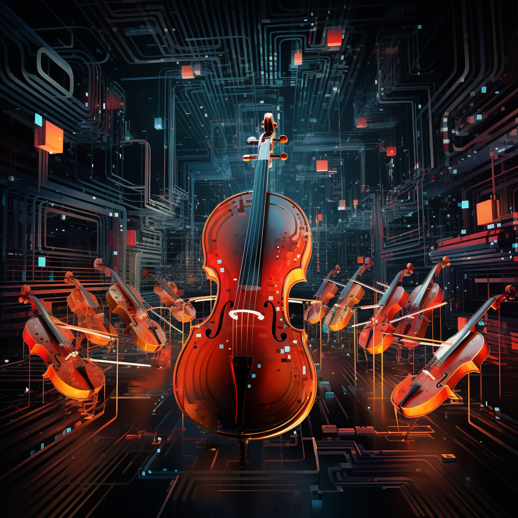 A mesmerizing orchestra of various musical instruments, interwoven with vibrant digital patterns and representations of data streams, symbolizing the seamless fusion of art and technology in the symphony of data.