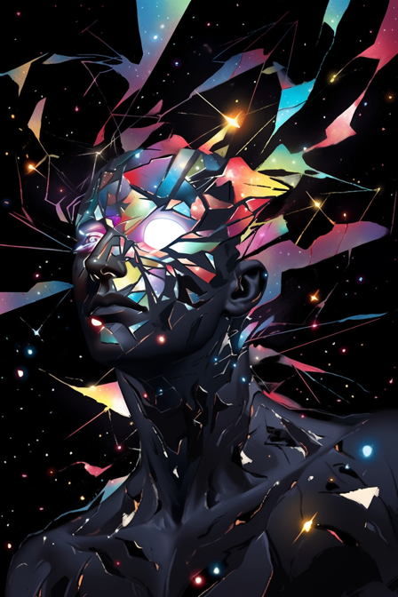 A digital painting illustrating a glitched celestial being with translucent, iridescent skin, emanating from a shattered black hole. Its fragmented body consists of shattered shapes, vibrant hues, and flowing lines, giving it an ethereal yet fragmented appearance. The background will showcase a chaotic cosmic landscape, filled with twisted constellations, glitched nebulas, and swirling geometric patterns that defy traditional space. The being's eyes will glow with an otherworldly light, revealing hidden depths and secrets of the universe. --niji 5