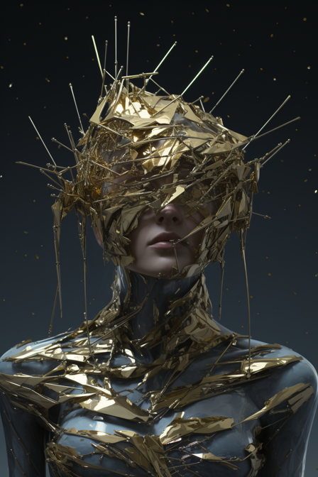 In a surreal fashion portrayal, capture a disintegrating figure adorned with metallic shards, merging with an abstract liquid foil gradient background. The fragmented form embodies the dichotomy between chaos and beauty, evoking a sense of transformation and transcendence.
