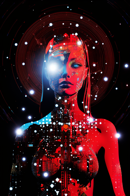 Capture the whimsical essence of a sultry tesseract vixen model, as she dives into a glitched celestial universe. Depict this galaxy goddess with punchy retro punk style, combining folk & tribal influences. Embrace a minimalist binary formula and vibrant colors (red, black, white), radiating cosmic energy.