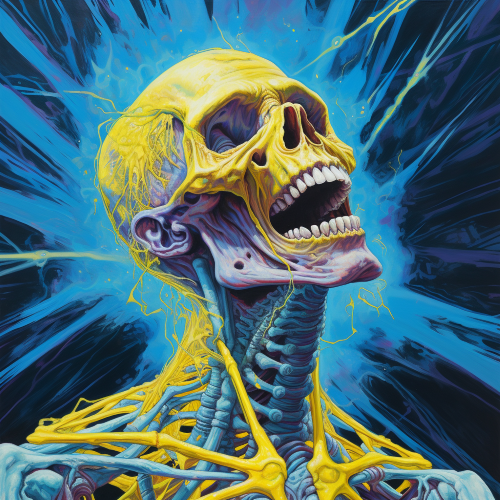 Intricate art piece of a person full height, being strike by neon blue and yellow lightning. Person is screaming and his face is driping and painted with colorful details that resemble a hyper - realistic water and vein effect. Skeleton body, really skinny, fleshwith blue and yellow patchwork. Highly detailed anatomy, true to realism; Zombiecore vibe. Remarkable elements of Do Ho Suh. Realism. blue face and electric pink. Vibrand gradiant background with city with extra detailed and lines with barcode effect and glitchs