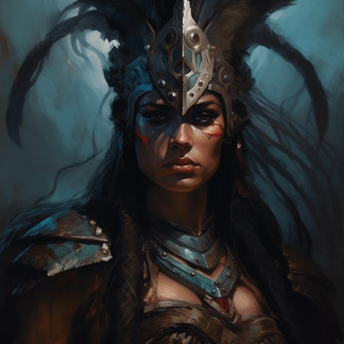 A stunning portrait of a powerful and fierce female warrior, set against a dark and moody background. The image should be in the style of award-winning artist Brom, with realistic details and dramatic lighting
