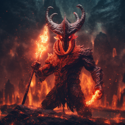 A photograph of a mystical being emerging from a lake of molten lava, holding a flaming sword in one hand and a glowing crystal in the other. The being has an otherworldly appearance with horns on its head and a long tail that snakes behind it. The camera angle is from below, showcasing the grandeur of the creature, while using a tilt - shift lens to manipulate the depth of field and highlight the details of its face. The image is shot with HDR to capture the brightness and contrast of the lava and the intricate details of the being.