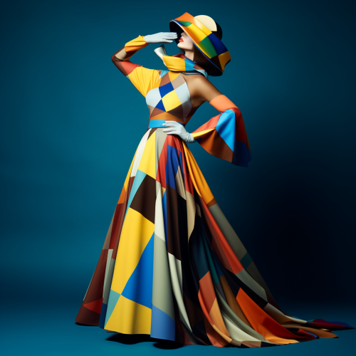 Capture a photography of a cubist perspective of a female model, wearing a colorful cubist-inspired gown with a mask that mimics the aesthetic. The composition should revolve around multiple light fields and ultra-detailed elements to invoke a sense of high imagination.