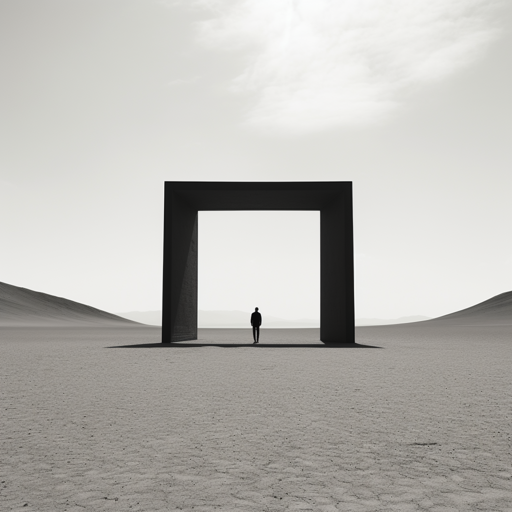A minimalist and simple photograph capturing a solitary figure in a desolate, monochrome land. The figure is composed of intersecting geometric shapes, creating an enigmatic silhouette against the barren backdrop.