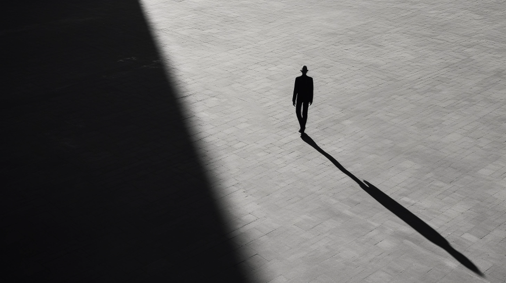 Photography: A solitary figure, shadow elongates, towering over a minuscule world. Inner thoughts echo through vast emptiness.