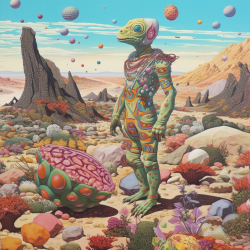A surrealist art piece featuring a humanoid creature walking through a desert landscape littered with candy shaped rocks. The creature's body should be adorned with intricate floral patterns of varying colors. In the background, a distant image of an eclectic palace can be seen. The style should be a blend of ukiyo-e art and psychedelic art with a hint of steampunk.
