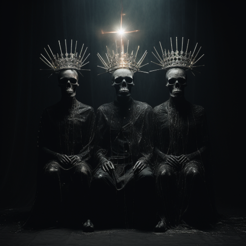 Photography of symmetrical and minimalist occult skeletons, surrounded by silver roses and glowing orbs within a desolate black void. The skeletons are gracefully posed, their skulls adorned with iridescent crowns. A beam of light shines down on them, casting eerie shadows and emphasizing the contrast of the monochromatic scene. --style raw