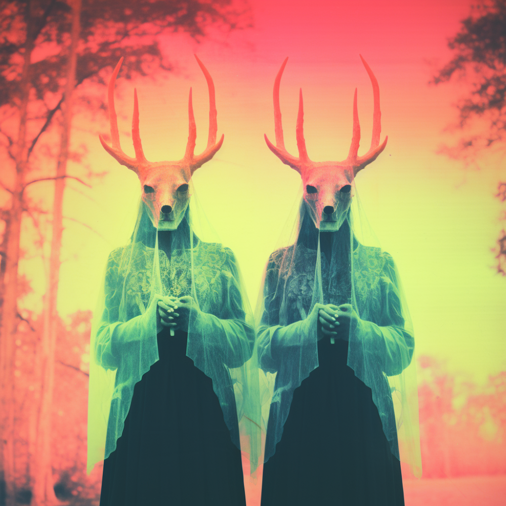 Horrific, Surrealism, Ornamental, Duotone. Gum Bichromate, neon Colors. Photograph a Mystical and occult, bizarre masked spirits summoning folklore enchantment in a glitched minimalist landscape, where binary code seamlessly merges with serene elements.