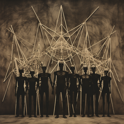 A cubist-inspired photograph of symmetrical, minimal, and occult skeletons set against a dark, textured background with sharp geometric lines. The skeletons will be arranged in a staggered pattern with their interlocking joints creating an intricate web of lines and shapes. The edges of the bones should be sharp, angular, and partially transparent to create a sense of dimensionality and depth. The bones should glow with an otherworldly light and their eye sockets should emit a mysterious energy, making it a truly haunting and unforgettable image.