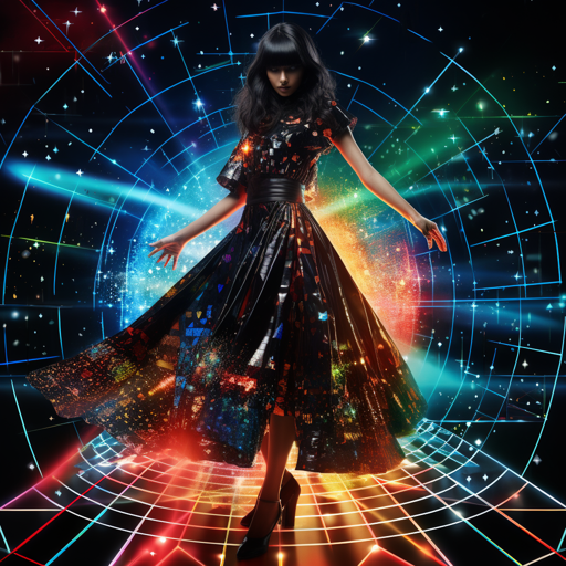 Space, completely black, 3D batik, prismatic, pop art, holographic. crazy fashion model with binary stars dress with planet in background. line and geometric formula cubism, kaleidoscopic and prismatic