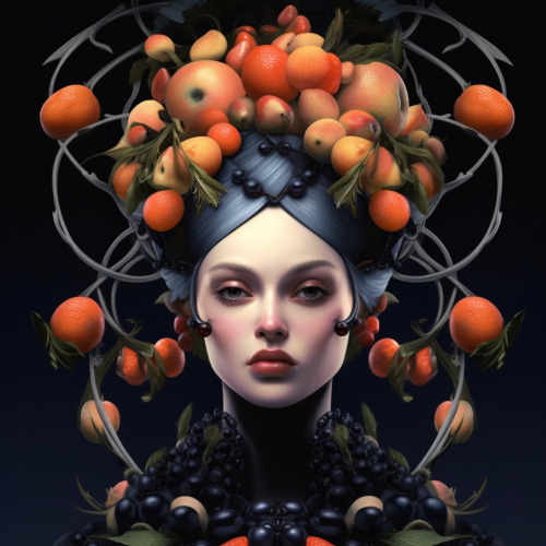 Create a surrealist 3D render of pulsating, luscious fruit-filled worlds, featuring cocoons of pulsating flesh, intricate floral details, and interstellar color ranges reminiscent of champagne, coral reefs sprinkled with gemstones, and golden fire. The work should be inspired by the gothic romance of Darren Aronofsky's Black Swan and contemporary digital painter, Tran Nguyen, utilizing a mixed media technique while incorporating the deep blues, purples and opulent golds seen in the work of Gustav Klimt