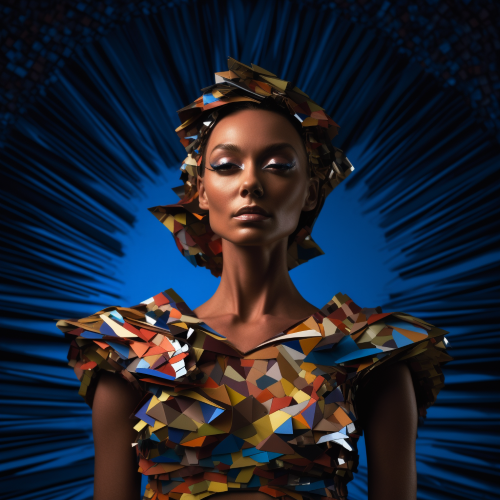 A photograph of a woman is inside a sculpture that made from strips of colorful paper, in the style of dark sky - blue and light bronze, glamorous hollywood portraits, flash photography, pixelation, calming symmetry, vibrant stage backdrops, metallic accents