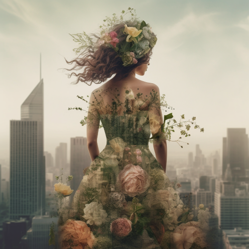 A photograph of a double exposure of a woman standing in front of a city skyline, her silhouette filled with the intricate details of botanical illustrations. The flowers matched her dress, transforming her into a powerful nature goddess with the concrete jungle at her command.