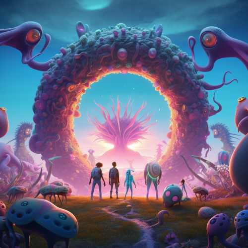 A photograph of a group of alien creatures emerging from a portal in the middle of an open field on a distant planet. The creatures are humanoid, but with entirely different proportions and features, including long arms, glowing eyes, and multicolored skin. The portal illuminates the entire scene in bright, ethereal light. The camera angle is from a low position to accentuate the scale and power of the scene.