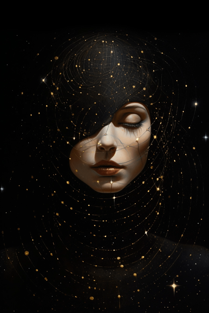 An otherworldly being with shimmering stardust skin and a halo of constellations, radiating cosmic energy against a pitch-black void. binary thread line in the background like stars.