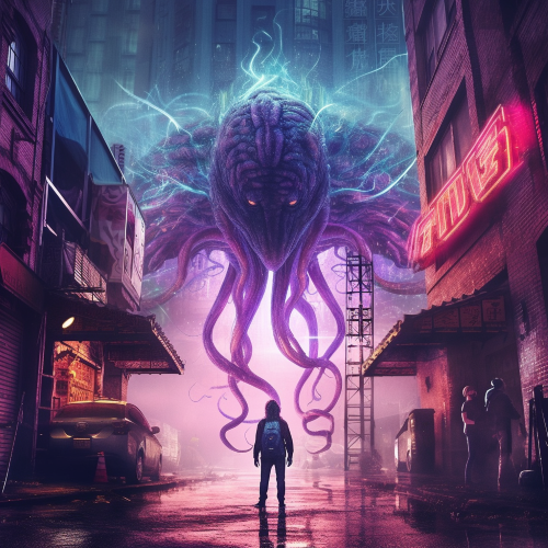 A photograph of an otherworldly creature emerging from a portal, with hair and tentacles made of lightning. The foreground features an abandoned, dystopian cityscape with neon accents, adding to the ethereal atmosphere.