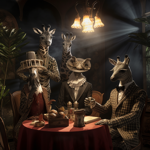 A photograph of an Agatha Christie-styled murder mystery scene featuring exotic animals wearing mysterious, glittering masks. Each animals should hint at a clue, and the lighting should create a noir atmosphere whilst exposing well-crafted patterns and color schemes.