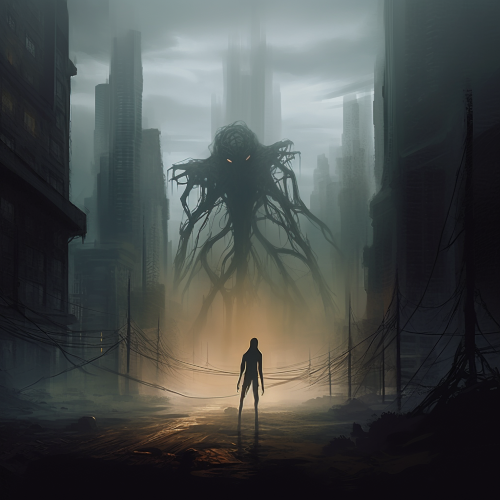 Create an eerie digital painting of a city shrouded in a thick fog, with twisted organic structures towering above the horizon. The twisted architecture should be reminiscent of rib cages, spines, and other grotesque skeletal features. In the foreground, a mysterious figure clad in a long coat and featuring a deer skull as a head moves towards a streetlight that flickers ominously. Use a monochromatic color scheme and intricate details to create an unsettling atmosphere inspired by the works of Junji Ito and H. P. Lovecraft.