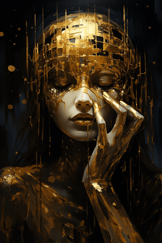 a lady holding gold in her hands with a constellation around her face, in the style of cyril rolando, aron demetz, dark reflections, detailed, layered compositions, gustav klimt, blink-and-you-miss-it detail, elegant, emotive faces