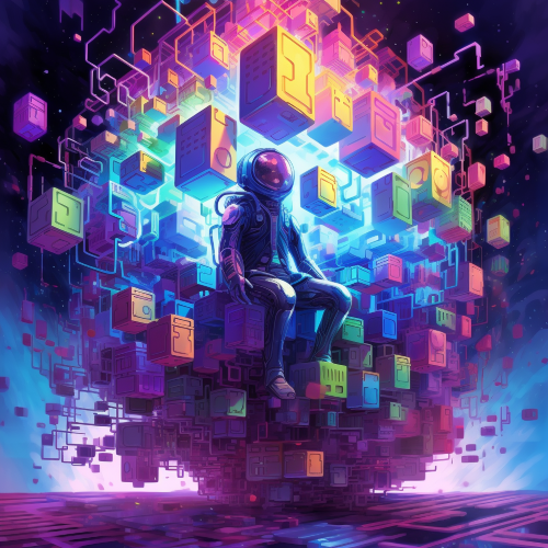 Create a trippy surrealist piece featuring a humanoid creature comprised of neon-lit machinery, floating in a multi-dimensional space filled with floating cubes and rotating fractals. Incorporate elements of vaporwave, cyber-futurism, and psychedelia