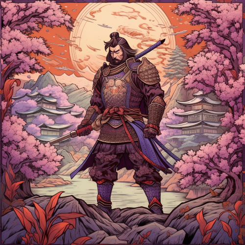 A stunning Ukiyo-e art illustration of a samurai warrior standing amidst a vibrant and ornate Japanese garden filled with cherry blossom trees and vibrant foliage. The warrior's armor should feature intricate details and patterns, with their katana sword raised in a striking pose. The background should be filled with subtle details, depicting the landscape and environment in an artful and imaginative way, inspired by the works of Utagawa Kuniyoshi and Ando Hiroshige.