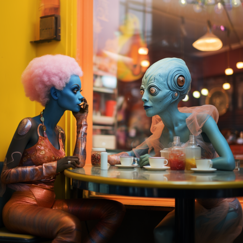Photograph two beings from different planets having a conversation in an intergalactic cafe inspired by pop art. Their scaling is dramatically different, with celestial colors shining from otherworldly beings.