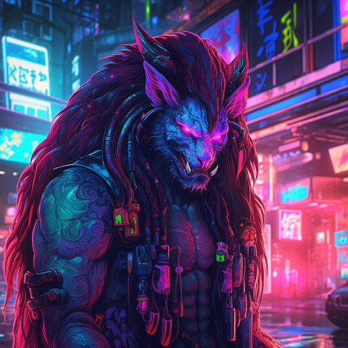 A digital art image of a demon with long hair, in the style of cyberpunk manga, street scenes with vibrant colors, pixelart, rtx on, furry art, neon lighting, hyper-detailed