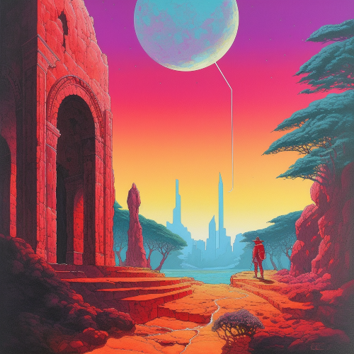 Visualize a grand scene of the sun and the moon in living color in the style of Moebius with two people, one full of energy, the other emotional, engrossed in the celestial balance. The art should incorporate a blend of 2D game art with a focus on brilliant shades of red and magenta. The surroundings should feature ancient grandiose ruins, while the movement of the figures should be captured in animated gifs. The final product should evoke a sense of marvel comics and be driven by fluid gestures