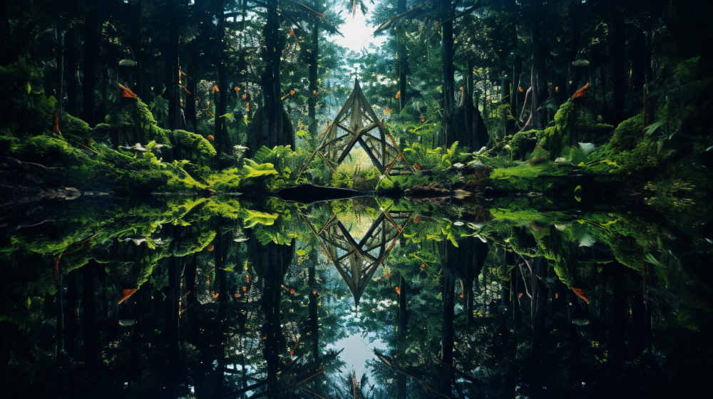Photograph a kaleidoscopic, interdimensional portal connecting diverse ecosystems through mirrored symmetry. Embrace nature's manifold wonders within this mesmerizing symmetrical composition.