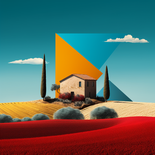 Create a photography of a minimalist Provence landscape in pop-art style with floating geometric shapes in vibrant hues while emphasizing the natural beauty of the landscape.