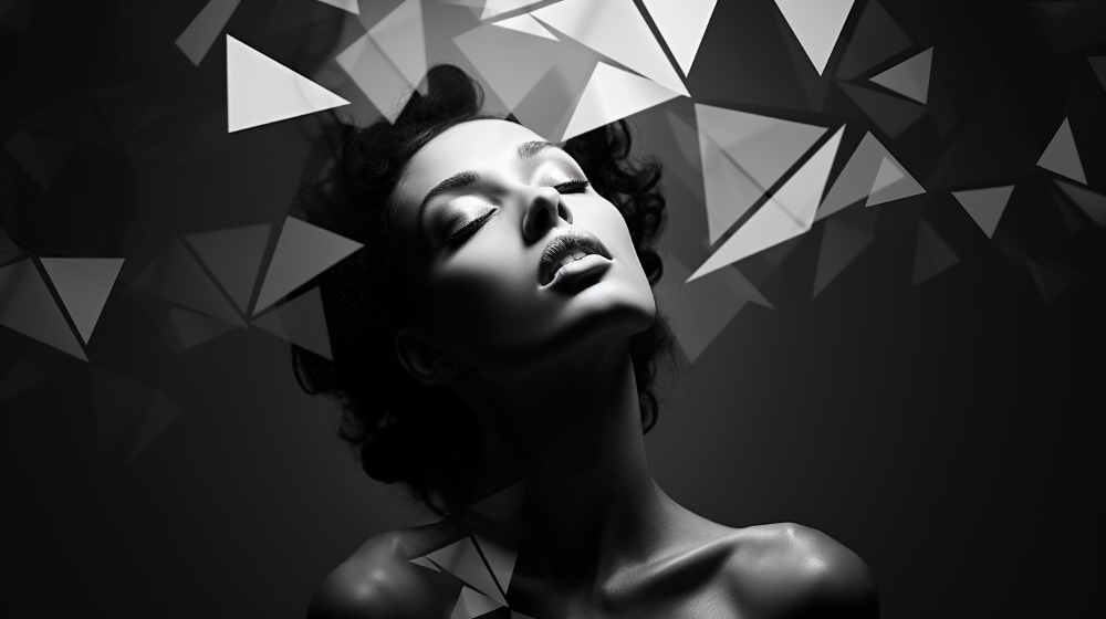 Create a visually striking photography capturing the essence of space with a duotone minimalism impression; a cubist masterpiece of celestial forms colliding in a kaleidoscope of geometry. Woman. (Photography)