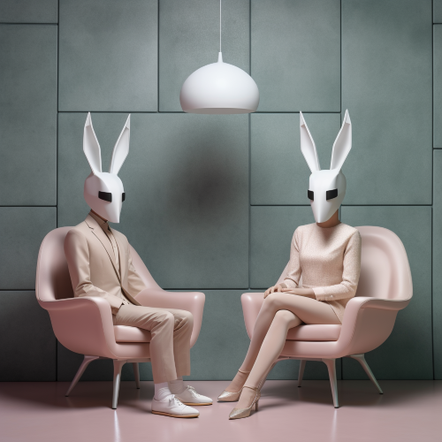 A photograph of animal-headed mannequins, male and female, in tight clothing and surreal furniture, in a retro minimalist setting. Inspired by Hieronymus Bosch and Rene Magritte, blending hyper-realism and low-poly aesthetics.