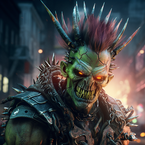 Create an electrifying stinger filled with chaotic action and punk energy, featuring an imposing orc with a spiky Mohawk, adorned with cybernetic enhancements and sporting a wicked grin. The stylized world should be filled with intriguing details and intricate touches, showcasing the ornate punk fashion and vibrant colors of this dark, horror business - inspired universe. The render should feature a highly detailed 3D model with stunning resolution, captured in Unreal Engine 5 for maximum impact.