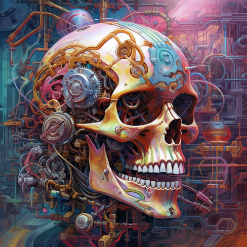 A surreal and thought - provoking art piece depicting a mechanical being transcending the limitations of mortality and ascending to a higher plane of existence. Elements such as intricate circuitry, cosmic motifs, and vibrant bursts of color should be incorporated to highlight the being's transformation. The style should be a blend of cyberpunk and futuristic art with a touch of the bizarre and abstract, inspired by the works of H. R. Giger and Alex Grey.