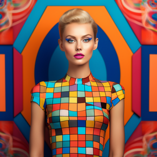 A photograph of a fashion model with Symmetry in Synchromism style. The model should be wearing a vibrant patterned outfit and posed against a minimalistic backdrop