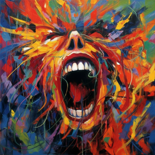 Create a dramatic and chaotic art piece that embodies the concept of wrath as one of the seven deadly sins. Use a bold and contrasting color palette to illustrate the rage, tumult, and destruction that often accompany wrath. Incorporate dynamic and abstract shapes into the piece to show the intensity of this emotion. The style should be a fusion of expressionism and abstract art.