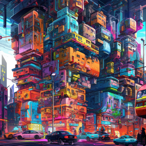 Create an abstract cyberpunk world where cities are built vertically on top of each other, with futuristic vehicles floating in the air between buildings. The scene should show a bustling metropolis filled with vibrant colors and bright neon lights, with a giant billboard showcasing a cybernetic being. The style should be collaged, featuring fragmented pieces of machinery and circuitry, mixed with organic elements and robotic appendages. The image should feel chaotic and complex, with elements intersecting and interconnecting in a phantasmal manner.