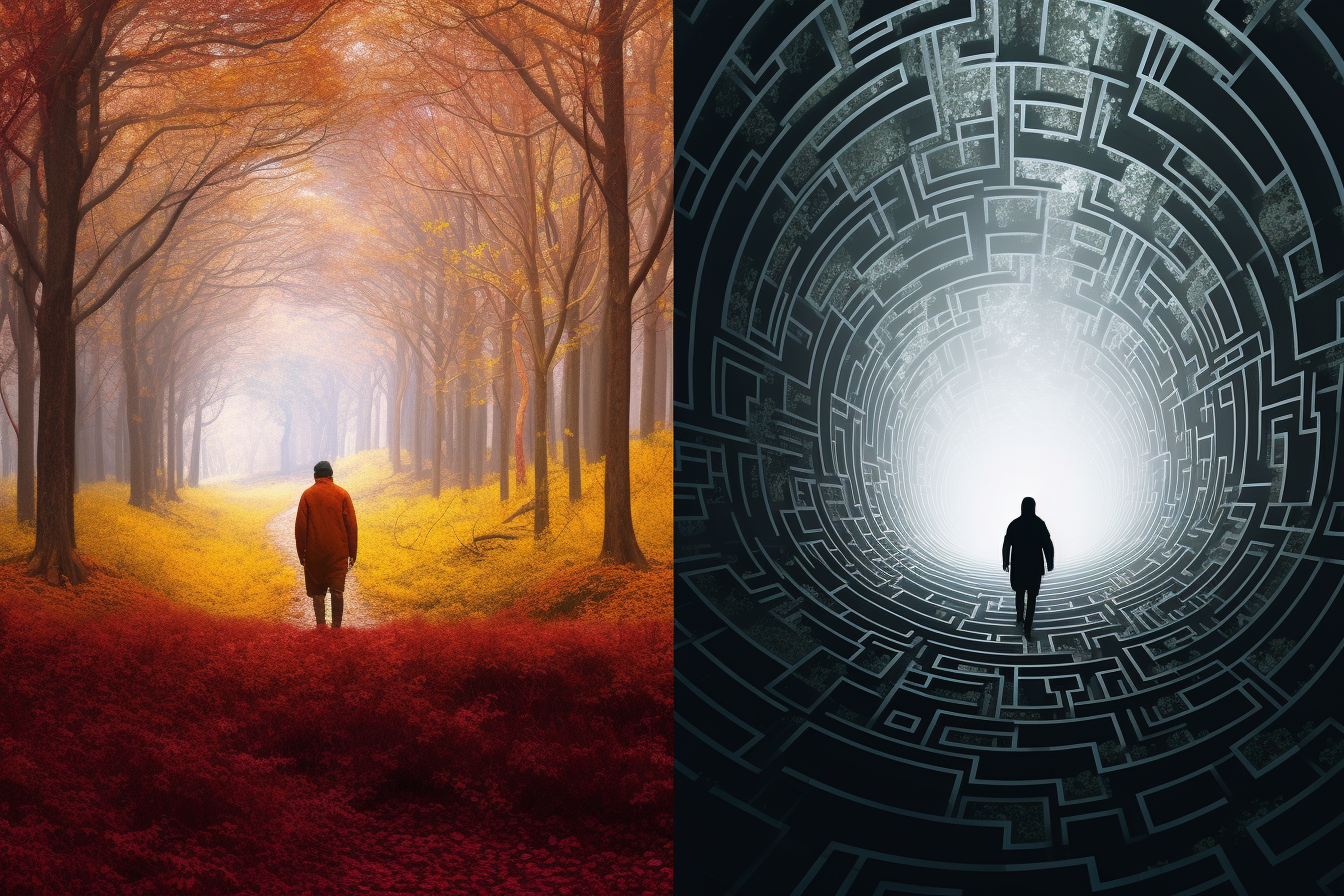 A split image showing two paths. On the left, a human walking on a path that's winding through a dense forest, symbolizing the complexity and unpredictability of human decision-making. On the right, a straight, well-lit path cutting through a stark, digital landscape, representing the AI's decision-making process.