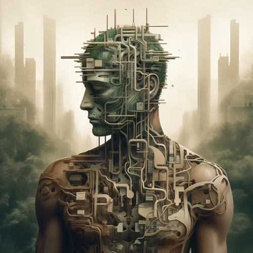 Photograph a cubist perspective of a person, whose body is made up of mechanical parts, surrounded by a city of trees. The overall tone is surreal and mysterious.