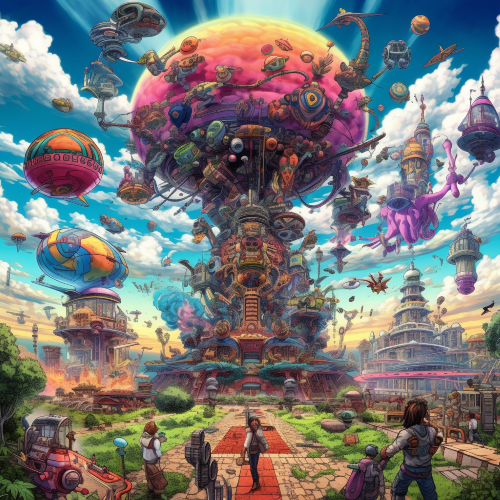 A multicolor, futuristic world with flying cars, trains, and levitating buildings. The landscape is dominated by advanced technology, including robots and cyborgs, while people blend in with their machines. The sky is filled with countless drones, making intricate patterns in the clouds. In the distance, three gods with the flaming heads oversee this rapidly evolving world