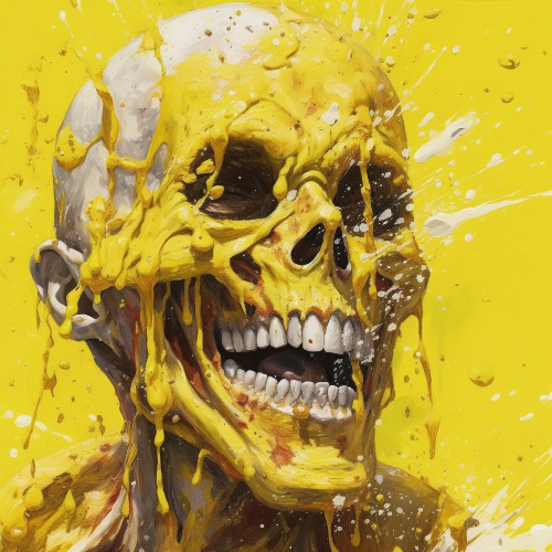 A happy skull man receiving yellow paint splashing in the face, close up, by someone who is throwing it at him