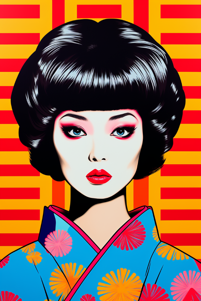 pop art of Japaneese woman in kimono, bold colors and background. Symmetrical and minimal, the image is inspired by the works of Andy Warhol and Keith Haring. vibrant colors