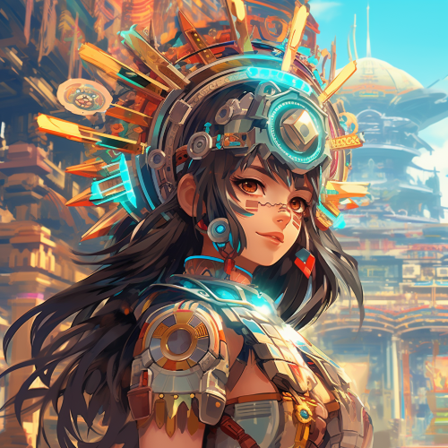 Create a photograph of a young cyborg girl with the ability to manipulate time, who travels back to ancient Aztec civilization to prevent her ancestors from sacrificing their own. Using her powers, she creates a time portal with a vibrant color scheme, to reveal the beauty of Aztec architecture, with a fusion of traditional anime-inspired character design and scenic shots.