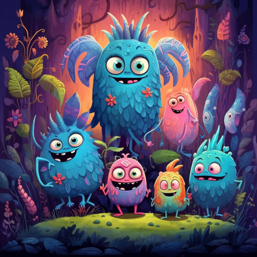 Create a whimsical illustration of a group of sentient monsters called GoofBalls, each with their own unique and playful personality. They should be depicted in vibrant and eye - catching colors with a high level of detail, bringing each character to life. The surrounding environment should be dreamlike and imaginative, featuring unusual landscapes and fantastical flora and fauna. The style should be cartoonish, yet intricate and layered with depth, drawing inspiration from the works of Bill Watterson and Jim Henson.