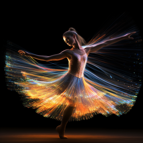 A photograph of a ballerina of light approaching a blazing meteor, captured in ultra slow motion, with a series of integral rainbow trails following her movements. The composition should reflect cosmic harmony, with eyes gazing upward to the heavens. Intricate details not easily noticeable should be strewn throughout the image, shadows and highlights cascading and distorting the perception of space and time. A golden hour filter should be imposed to add an air of romance and drama, while bright golds and orange hues should dominate the color palette.